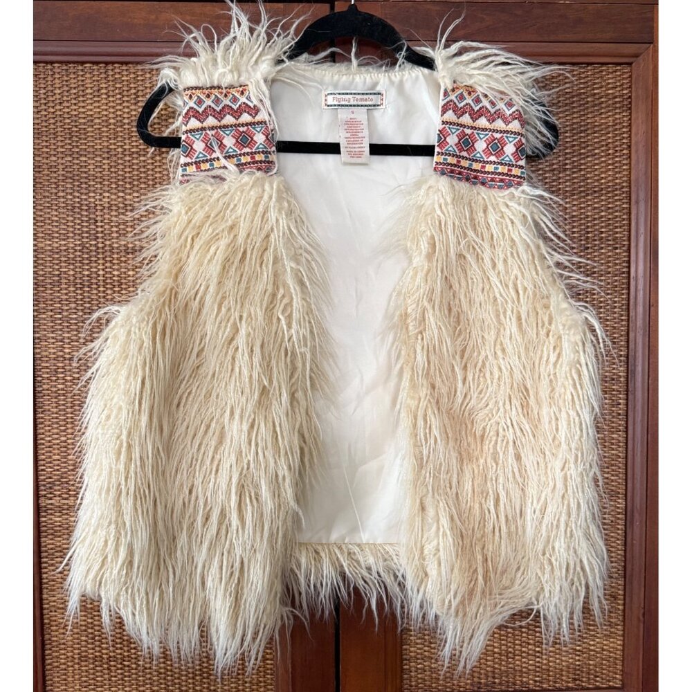 Flying Tomato Womens Faux Fur Vest With‎ Embroidered Tribal Accents Size S